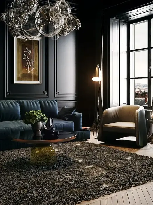 Dark, elegant lounge interior with soft, low evening lighting