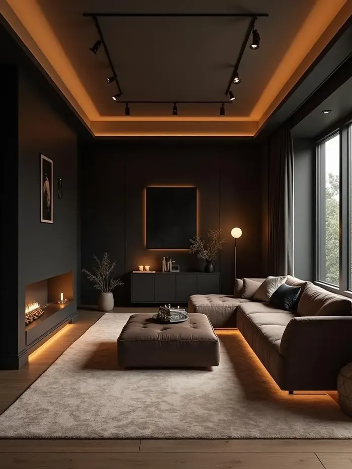 Dark lounge with warm LED cove lighting in the ceiling and track spotlights