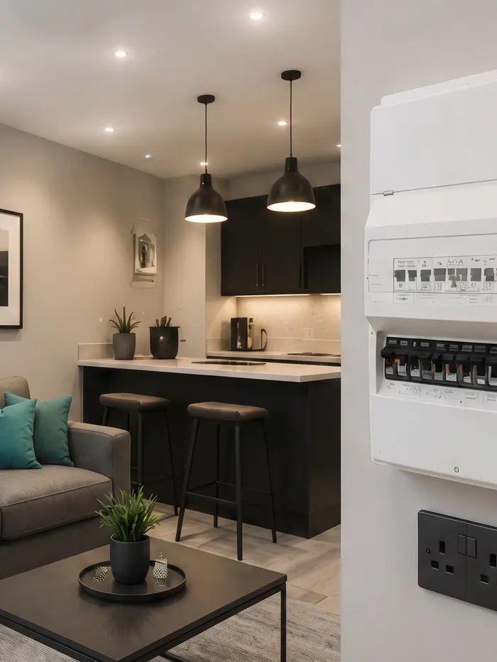 Modern lounge with a white consumer unit mounted on the wall