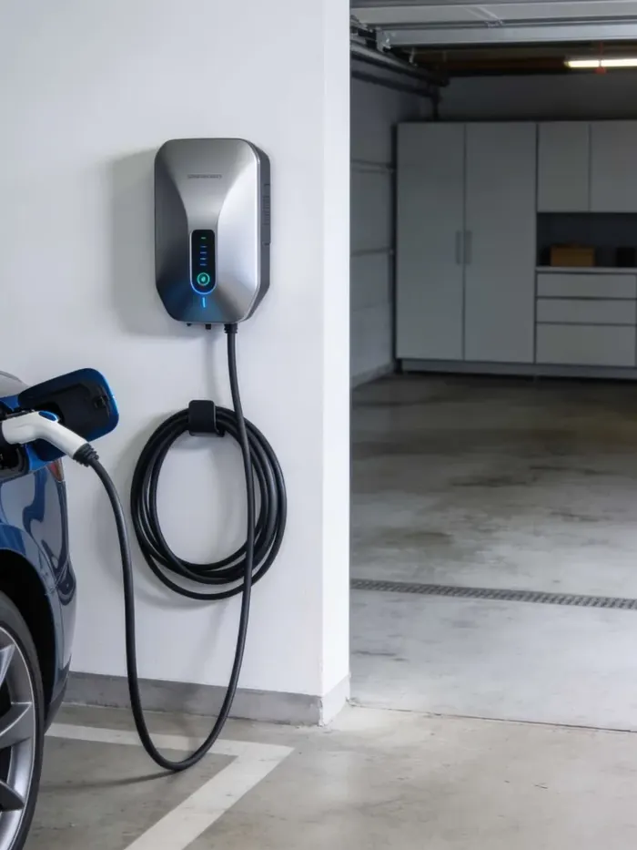 Blue electric car charging from a wall-mounted home charger in a clean modern garage
