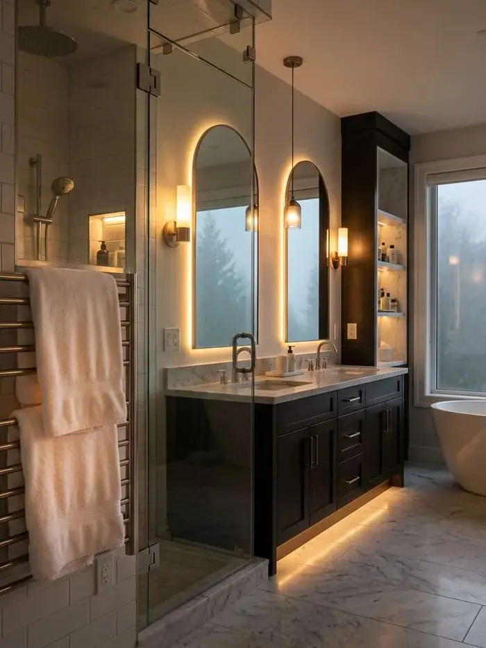 Luxury bathroom with a backlit LED mirror and soft ambient lighting