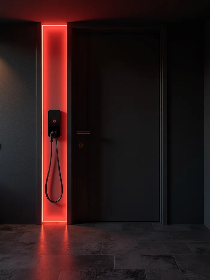 Dark modern hallway with a wall-mounted charger and red LED lighting