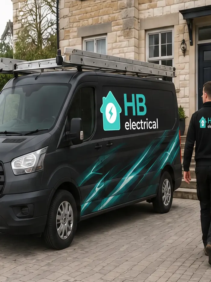 Illustration of an electrician carrying a tool bag towards a branded van