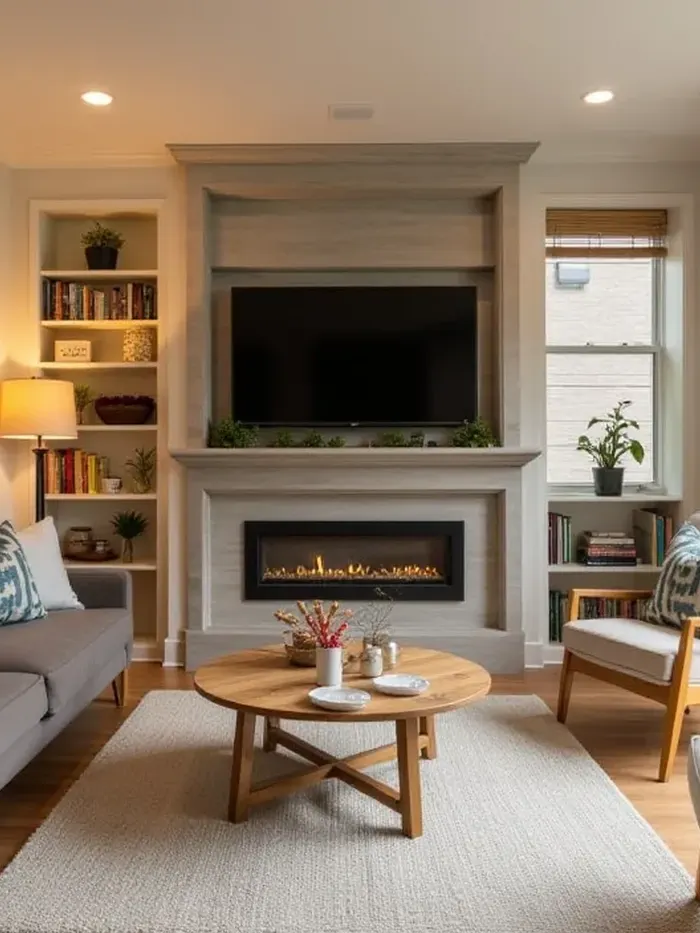 Bright modern lounge with a fireplace, soft seating and natural light