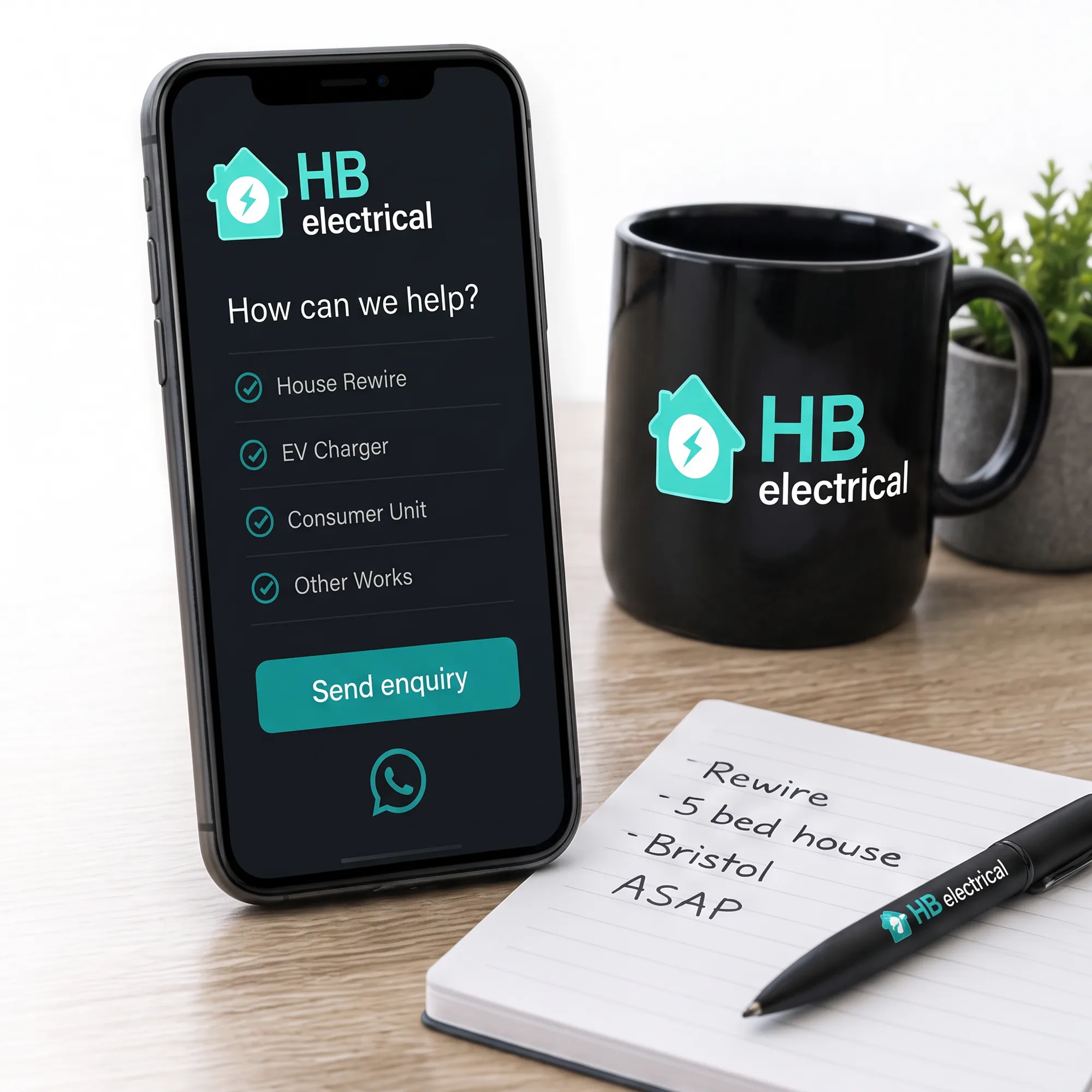 HB Electrical enquiry on a phone next to a branded mug and notepad