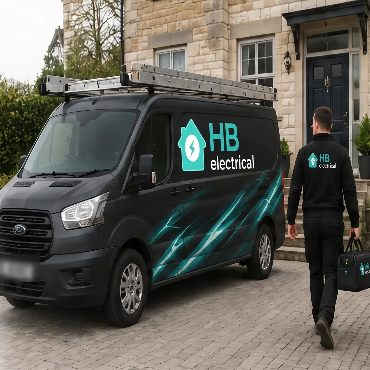 Illustration of an electrician arriving at a job with a branded van