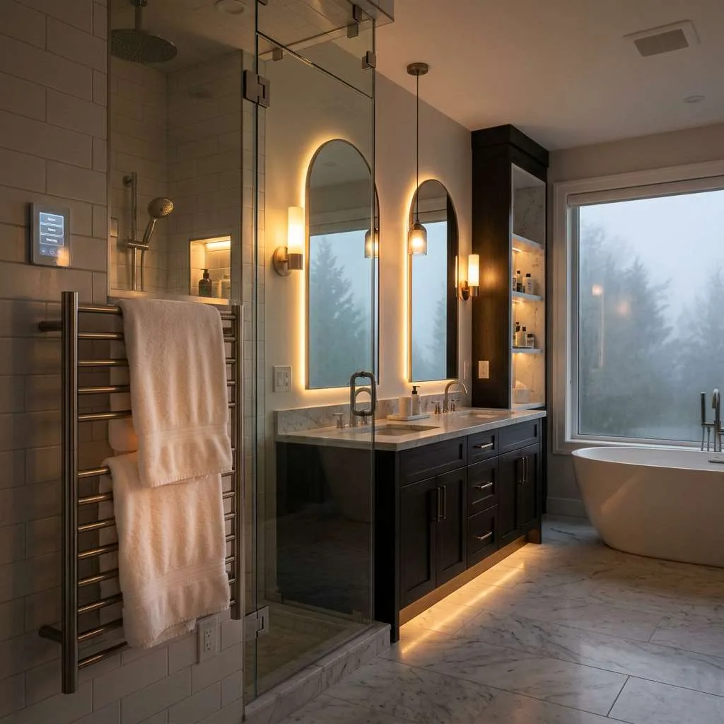 Luxury bathroom with LED mirror lighting